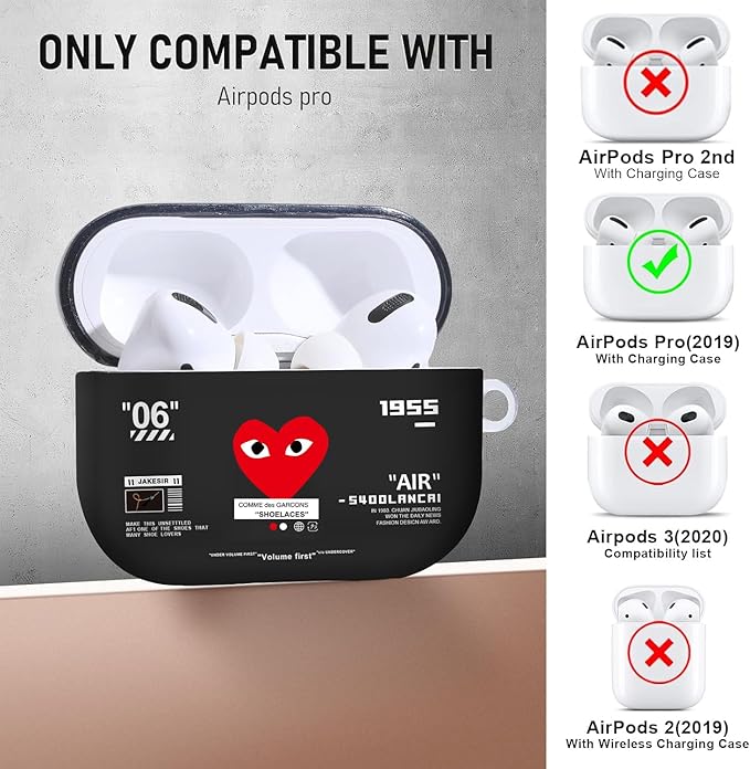 for Airpods Pro Case, Cute Cool Red Heart Pattern TPU Soft Cases for Airpods Pro Case 1st Gen, Shockproof for Airpods Pro 2019 Case Men Women with Cleaner Kit & Keychain