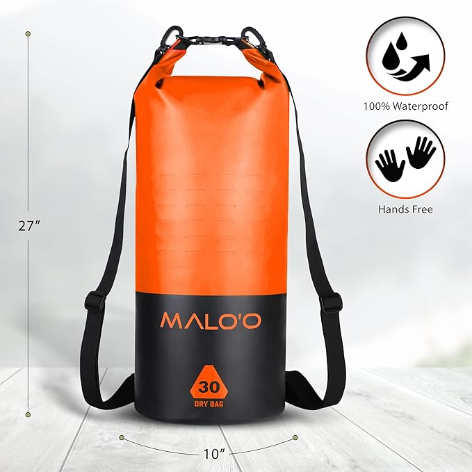Malo?™o DryPack 30L Waterproof Kayak Dry Bag, Heavy Duty Roll-Top Dry Bag with MOLLE Grid and Carry Straps for Fishing, Paddle Boarding, Boating, Camping, and Travel, Orange