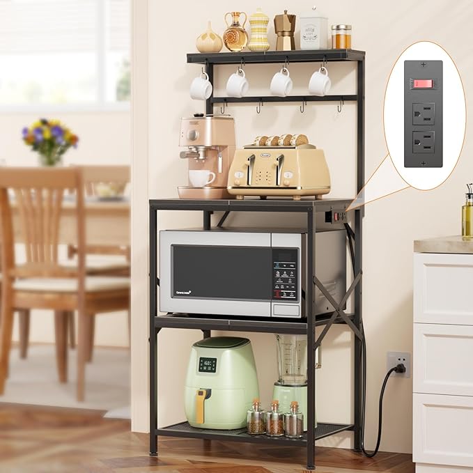 Kitchen Bakers Rack with Power Outlet, Small Coffee Bar Cart 4 Tiers, Microwave Stand with 8 Hooks, Adjustable Shelf, Freestanding Kitchen Appliance Stand, Black Oak