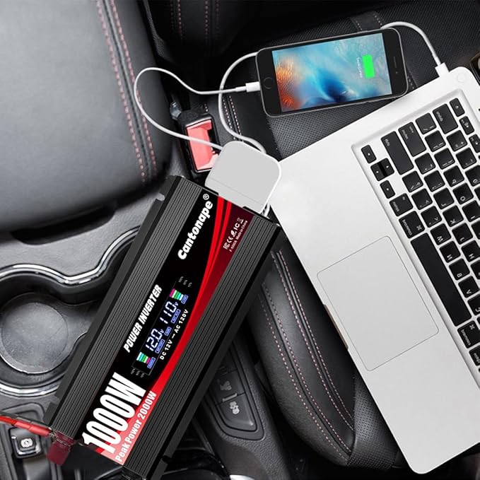 1000 Watt Power Inverter DC 12V to 110V/120V AC Car Inverter with LCD Display, 2 AC Outlets, 3.0A USB and 20W Type-C Car Charger for Vehicles Home Laptop Truck Black