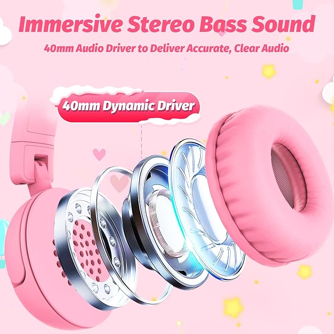 Kids Headphones with Cord for School, 85/94dB Volume Limit Headphones for Kids, Portable Wired Headphone with Shareport, Stereo Sound Foldable Headset for School/Tablet/iPad/Kindle (Pink)