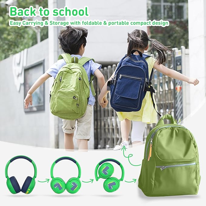 Bluetooth Kids Headphones, Wireless Headphones for Kid with Mic, 75/85/94dB Volume Limited, Includes 3.5mm Aux Cord, Foldable Dinosaur Teens Headset for School, Home, Travel, Tablet