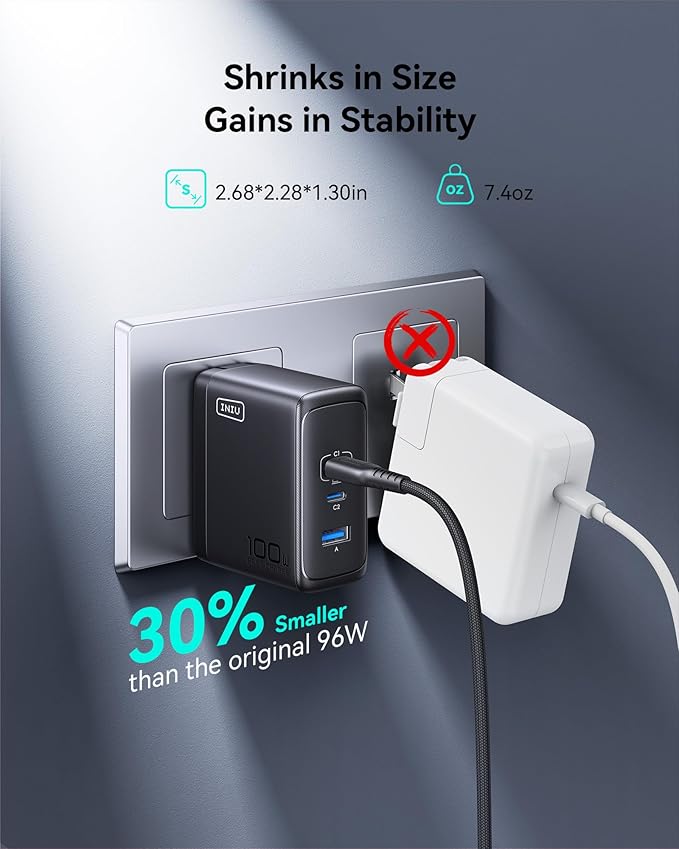 INIU iPhone 17 Charger, 3-Port 100W [USB-C + USB-A] Fast Charger, Compact Foldable USBC Cargador for iPhone 17 16, MacBook Air, IPad, Samsung S25, Switch, Students, Kid, Backpacking, Hiking etc