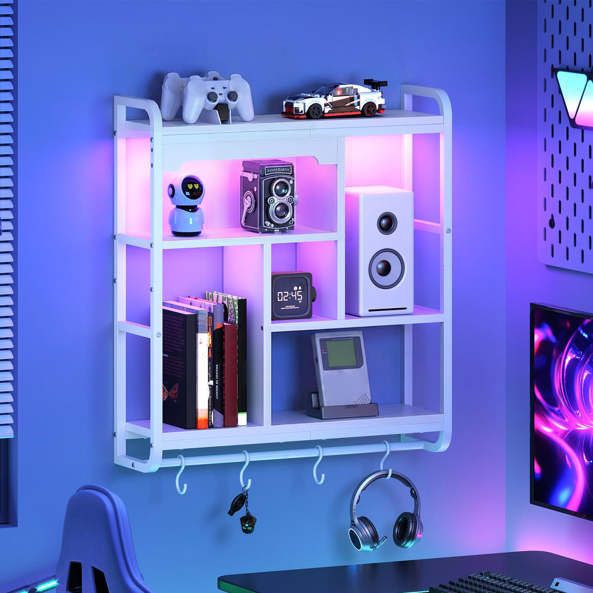 HOOBRO Gaming Floating Shelves for Wall, 26.4" LED wall Shelf Display Rack