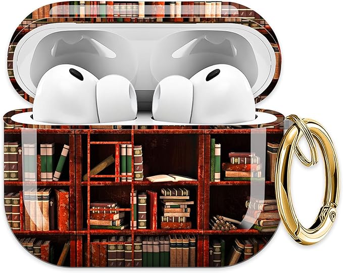 Cute Hard Case Compatible with AirPods Pro 3rd Generation Case (2025), Shockproof Protective Cover with Golden Keychain Ring Clip (Bookshelf)