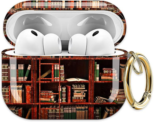 Cute Hard Case Compatible with AirPods Pro 3rd Generation Case (2025), Shockproof Protective Cover with Golden Keychain Ring Clip (Bookshelf)