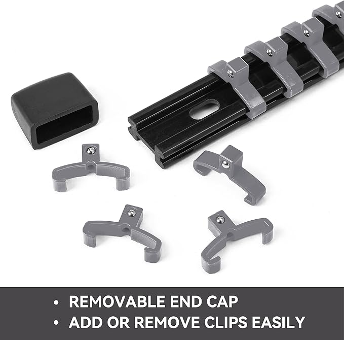 ALOANES 9PC ABS Socket Organizer, Socket Rails Fit 1/2 inch, 3/8 inch and 1/4 inch Drive, Heavy Duty Socket Holders Hold up to 129 Sockets, Black Rails with Grey Clips