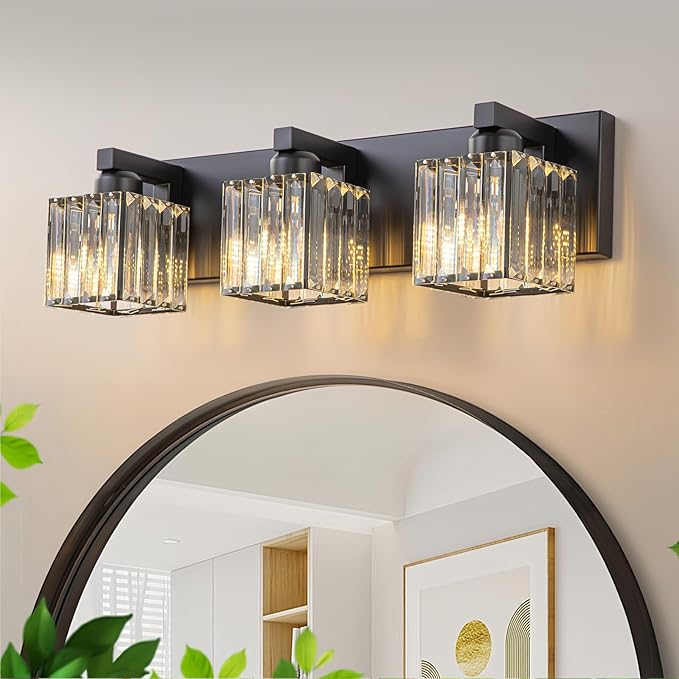 3-Light Black Bathroom Vanity Light, 19.7" Modern Crystal Bathroom Light Fixtures Over Mirror, Black Wall Light