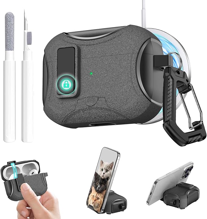 for Airpods Pro 3 Case,Safety Lock&Phone Stand for Airpods Pro 3rd Generation Case Cover,Magsafe Compatible,Auto Pop-up,Military-Grade Protection with Carabiner&Cleaning Pen-Black+Furry Grey