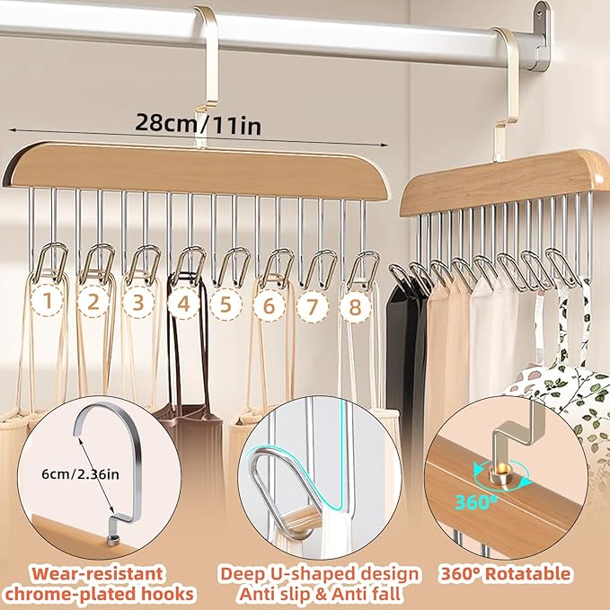 2 Pcs Tank Top Hanger,Tie Racks for Closet, Wooden Hangers with 8 Hooks Space Saving, Closet Organizers and Storage for Bras Camis Belts Ties