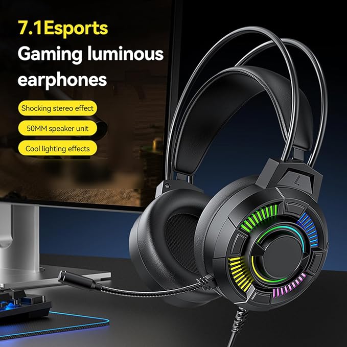 Tangxi Gaming Headset, USB Wired Over Ear Headphones with 50mm Drivers and RGB Lighting, 7.1 Surround Sound, Lightweight Design, for PC, PS 5, X Box Series X | S