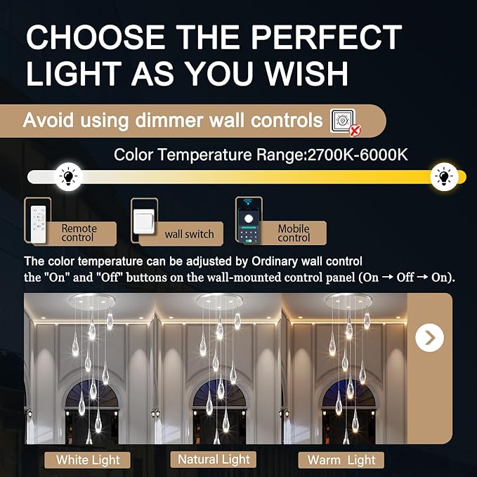 H98 Modern Chandelier for Stairway 9-Lights Crystal Raindrop Chandelier Gold Pendant Light for Staircase Living Room Entryway LED Dimmable High Ceiling Chandeliers with Remote