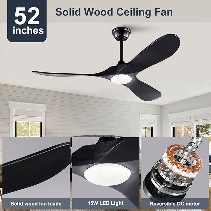 Black 52 Inch Wood Large Ceiling Fans with Lights and Remote Control, 3 Color Temperatures and 6 Speeds Timing, 52 Inch Indoor Outdoor Ceiling Fan for Patios Living Room Bedroom Study Office