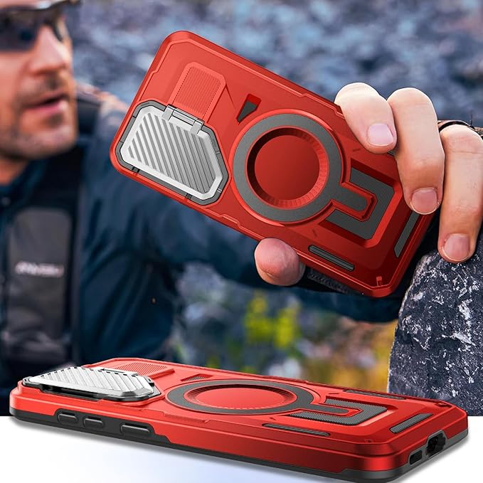 Camera Stand Case for Galaxy S24 FE, [Compatible with MagSafe][Lens Cover] 2024 Version Military Grade Protective Soft Case for Samsung Galaxy S24 FE 6.7" Men Women, Red