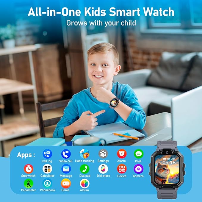 4G Kids Smart Watch, T17 Smartwatch Gifts with Panda Holder, GPS Tracker, Video Calling, SOS, Voice Chat, SMS, School Mode, Puzzle Games, HD Touch Screen for Boys & Girls 3-12（Gray）