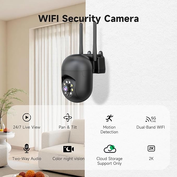 2K Security Camera Wired, 2.4/5GHz Home WiFi Camera, 360° PTZ Baby Monitor with Color Night Vision, Motion Detection, 2-Way Audio, Compatible with Alexa