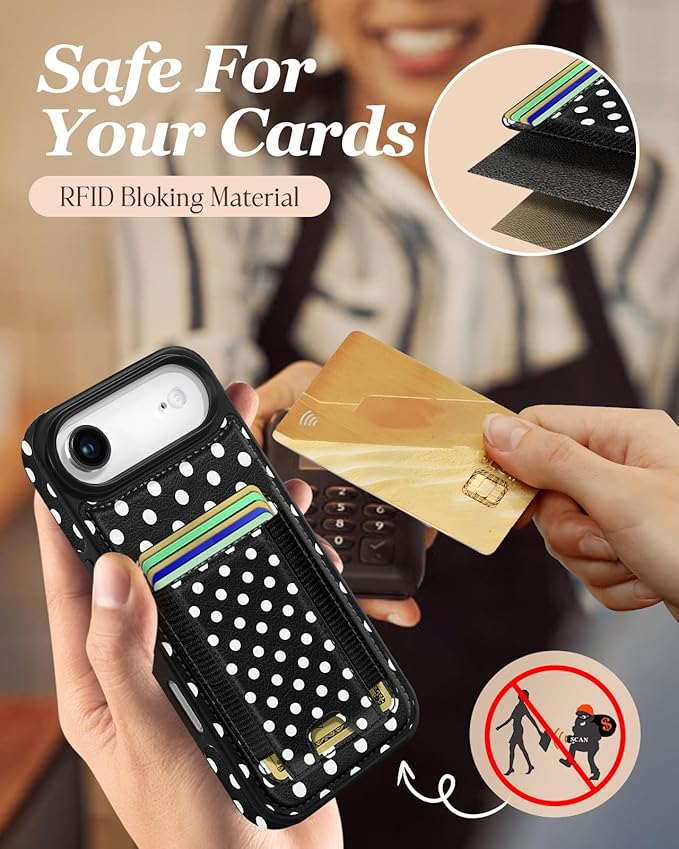 Shorogyt for iPhone Air Wallet Case - Fits 5 Cards, Compatible with Magsafe Detachable Magnetic Credit Card Holder Leather Cardholder Cute Phone Cover Women Girls for Apple 17 Air, Polka Dots