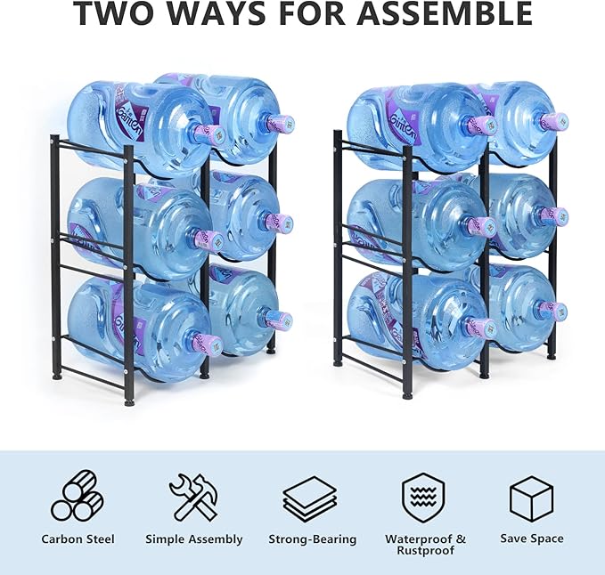 Nandae Water Cooler Jug Rack, 3-Tier Heavy Duty Water Bottle Holder Storage Rack 5 Gallon Water Jug Holder for 6 Bottle, Black