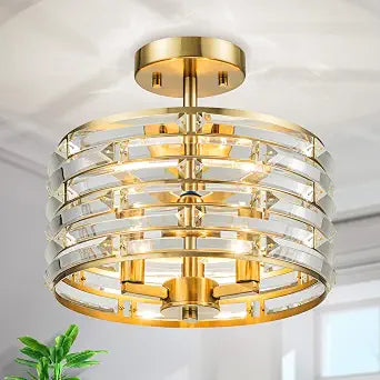 LumFurn 3-Lights Modern K9 Crystal Ceiling Light for Living Room, Foyer, Bedroom, Close to Ceiling Semi-Flushmount Light Fixture, Brass Finish Frame