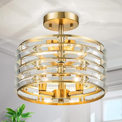 LumFurn 3-Lights Modern K9 Crystal Ceiling Light for Living Room, Foyer, Bedroom, Close to Ceiling Semi-Flushmount Light Fixture, Brass Finish Frame
