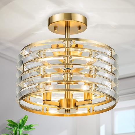 LumFurn 3-Lights Modern K9 Crystal Ceiling Light for Living Room, Foyer, Bedroom, Close to Ceiling Semi-Flushmount Light Fixture, Brass Finish Frame