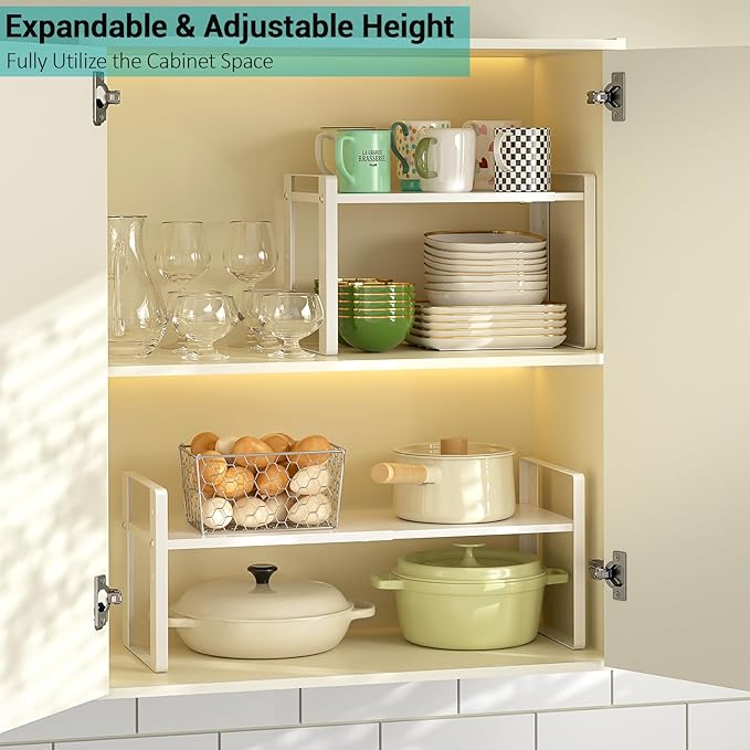 Expandable Kitchen Cabinet Organizer Shelves, Heavy Duty Metal Pantry Organizers, Adjustable Cabinet Shelf for Cupboard, Pantry & Under Sink Space Saver, White, Patent Pending