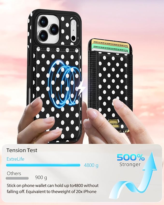 Shorogyt for iPhone 17 Pro Case Wallet - Fits 5 Cards, Compatible with Magsafe Detachable Magnetic Credit Card Holder Leather Cardholder Cute Phone Cover Women Girls for Apple 17Pro, Polka Dots