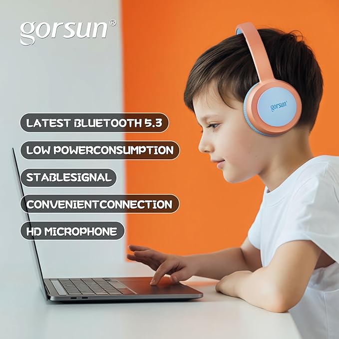 gorsun Kids Bluetooth Headphones, Toddler Headphones 85 dBA Safe Volume, 45 Hours Playtime, with Mic, Bluetooth 5.3, Kids Wireless Headset for iPad/Tablet/Travel/School, ldeal Gift (Orange)
