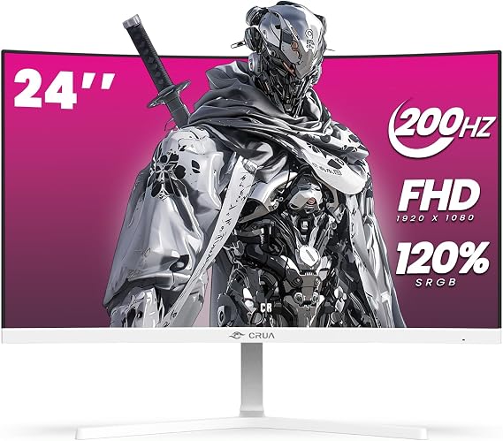 CRUA 24" FHD 1080P 200Hz Curved Gaming Monitor, 2800R, AMD FreeSync, White