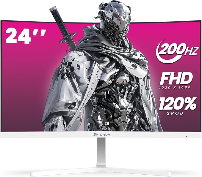 CRUA 24" FHD 1080P 200Hz Curved Gaming Monitor, 2800R, AMD FreeSync, White