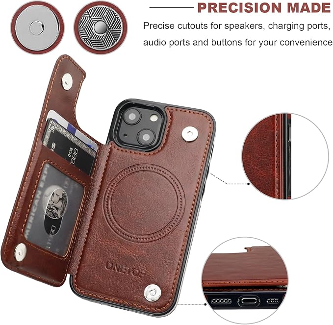 ONETOP Compatible with Magsafe for iPhone 13 Mini Wallet Case with Card Holder, PU Leather Kickstand RFID Blocking Case, Double Magnetic Clasp and Durable Shockproof Cover 5.4 Inch (Brown)