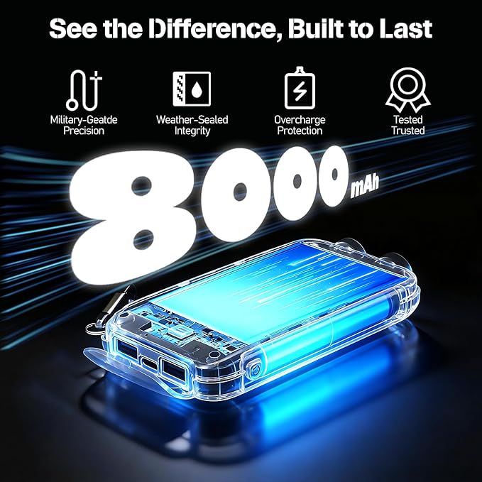 Portable Charger Solar Power Bank 8000mAh with USB-A and USB-C 5V/3A Output Port Black Battery Pack Compatible with iPhone, Samsung, Waterproof Emergency LED Flashlights Perfect for Camping, Hiking