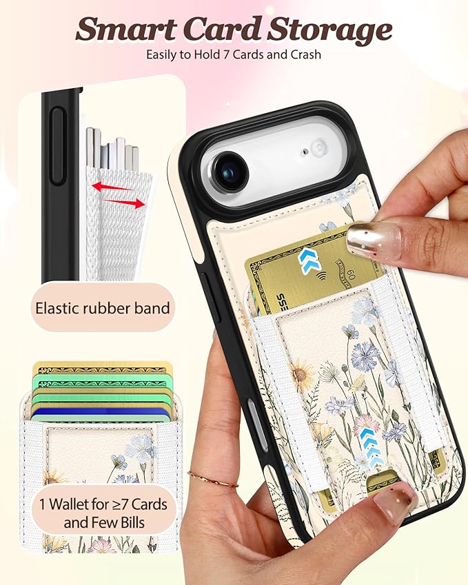 Shorogyt for iPhone Air Wallet Case - Fits 5 Cards, Compatible with Magsafe Detachable Magnetic Credit Card Holder Leather Cardholder Cute Phone Cover Women Girls for Apple 17 Air, Color Flower