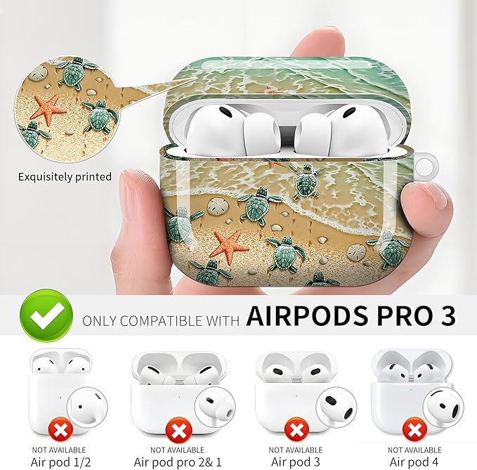 Compatible with AirPod Pro 3 (2025),Cute Case Cover for Women & Men, Full Protection Shockproof Hard Case with Keychain, Wireless Charging Case Accessories(Turtle Beach)