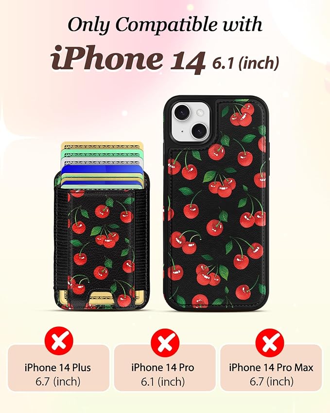 Shorogyt for iPhone 14 Wallet Case - Fits 5 Cards, Compatible with Magsafe Detachable Magnetic Credit Card Holder Leather Cardholder Cute Phone Cover Women Girls for Apple 14, Cherry