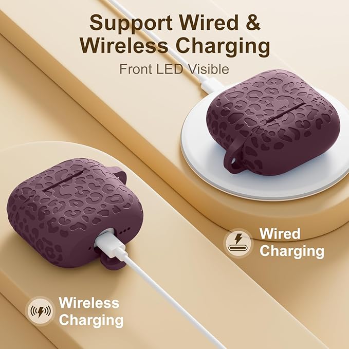 Leopard Engraved AirPods 4 Case Cover 2024, Soft Silicone Protective Case for Women, Cute AirPod Case Accessories with Keychain (Smoke Violet)