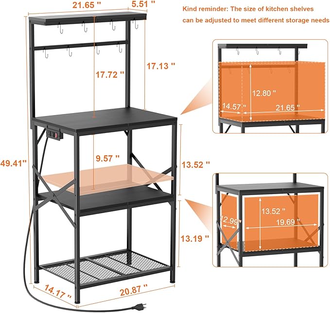 Kitchen Bakers Rack with Power Outlet, Coffee Bar Table 4 Tiers, Microwave Stand with 8 Hooks, Coffee Station and Organizer, Kitchen Storage Shelves Rack for Spices, Pots, Black