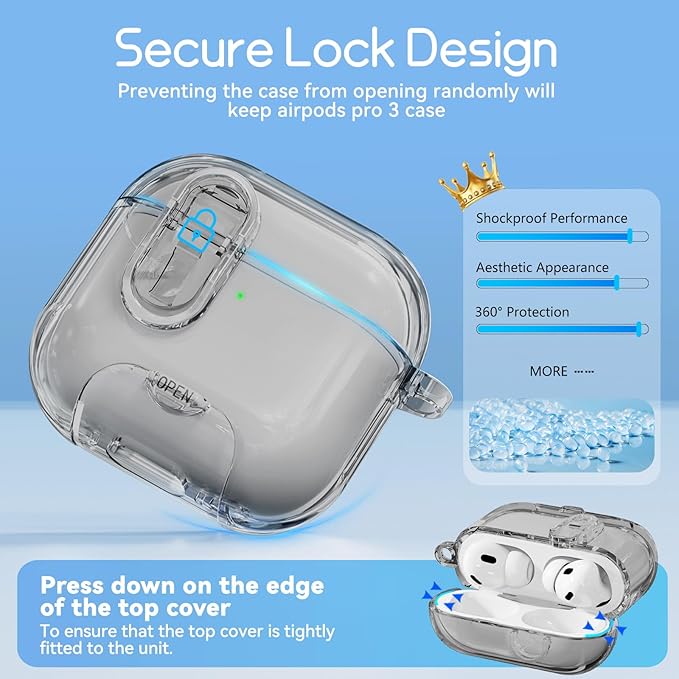 Clear Case for AirPods Pro 3 Case Cover with Safety Lock,Soft TPU Cover with Phone Stand & Cleaning Ki,Cute Bling Keychain for Women Girls-Clear Black