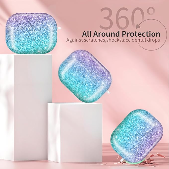Compatible with AirPods Pro 3 (2025) Case, Airpod Pro 3 Protective Cover with Cute Golden Keychain for Girls & Women (Pink Blue Gradient)