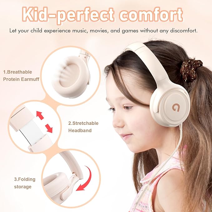 Kids Headphones with Cord-3.5mm Jack 85/94dB Safe Volume Control Built-in Microphone On-Ear Headphones for Kids/Teens/Girls/School/Travel/3.5mm Devices(Beige)