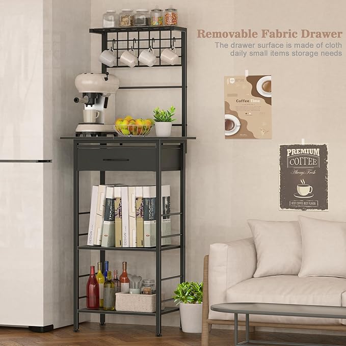 Coffee Bar Station,5 Tier Coffee Stand with Organizer Storage Drawers,Kitchen Corner Bakers Rack with 4 S-Shaped Hooks & Dual Wood,Kitchen Shelf for Small Spaces, Living Room,Entryway (Black)