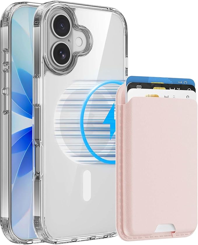 Magnetic for iPhone 17 Clear Case with Pink Detachable Wallet, Compatible with MagSafe, Credit Card Holder with Slim Shockproof Protective Phone Cover