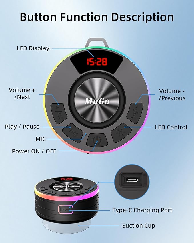 MuGo Shower Bluetooth Speaker Waterproof IPX7, 360° HD Stereo Sound Bathroom Speaker Bluetooth 5.3 with RGB Lights, Suction Cup and Microphone, Mini Shower Radio for Home/Party/Outdoor