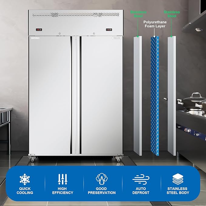48" W 2 Door Commercial Refrigerator and Freezer Combo Stainless Steel Fan Cooling 38 Cu.ft Fridge and Freezer Dual Zones for Restaurant Bar Shop 33°F~41°F and -8℉ ~0℉, Stainless Steel Reach-in