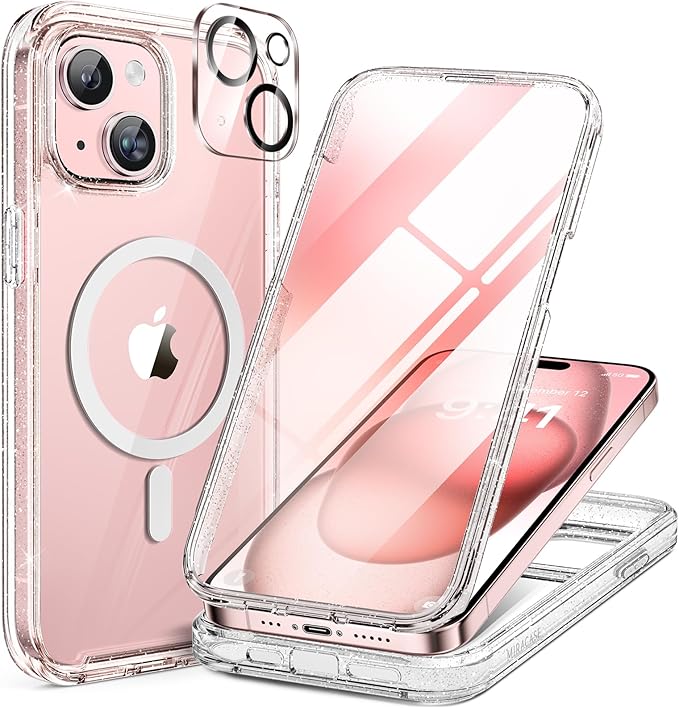 Miracase Glass Series Case for iPhone 15 [Compatible with MagSafe] Full Body Magnetic Case with Built-in 9H Tempered Glass Anti-Fingerprint Screen Protector + Camera Lens Protector, Clear Glitter