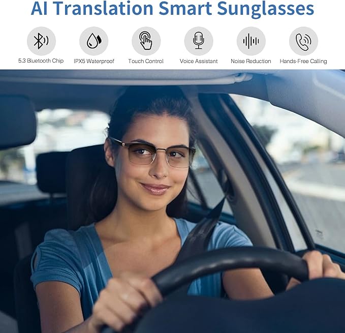 AI Translator Smart Glasses for Men Women, Bluetooth Audio Sunglasses with Photochromic Lenses, Photo Translation, No Subscription, Real-Time Translation(160+Languages) for Travel Business (Gold)