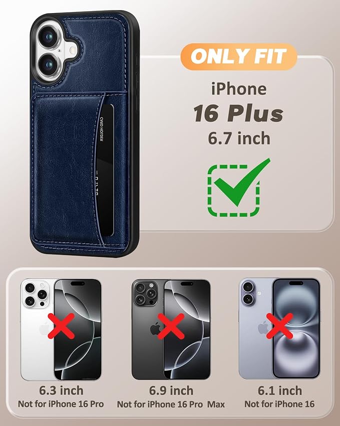 for iPhone 16 Plus Case with Wallet - Fits 4 Card Slots, Compatible with MagSafe for Women Men Aesthetic Durable PU Leather Credit Card Holder Kickstand Phone Cover for Apple 16 Plus, Blue