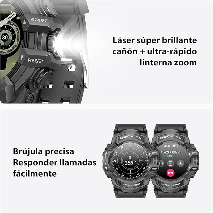 MIDDOW Military Smart Watch with Flashlight (Answer/Make Call) Compass, Pedometer/Heart Rate/Sleep/100+ Sports Modes, Fitness Tracker IP68 Waterproof, Long Battery Life Android & iOS (Black)