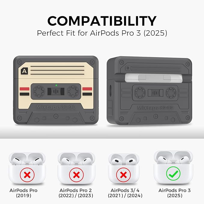 for AirPods Pro 3 Case - 2025 Retro Silicone Mixtape Design Case for Apple AirPods Pro 3rd Generation, Cute Cassette Airpod pro 3 Case Cover for Men/Women (Deep Grey)