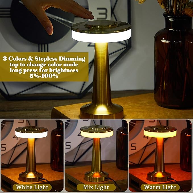 VIHOSE 8 Pcs Gold Cordless Table Lamps LED Portable Rechargeable Table Lamp with Touch Sensor 3 Color Dimming up to 15 Hours Battery Desk Light for Restaurant Nursery Living Room